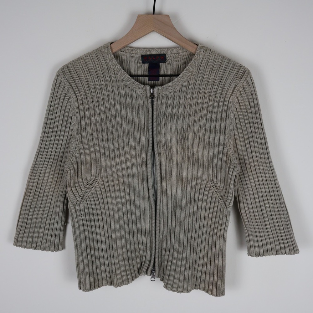 Ralph‎ By Ralph Lauren Women's Full Zip 3/4 Sleeve Sweater Beige Large 17.5x21